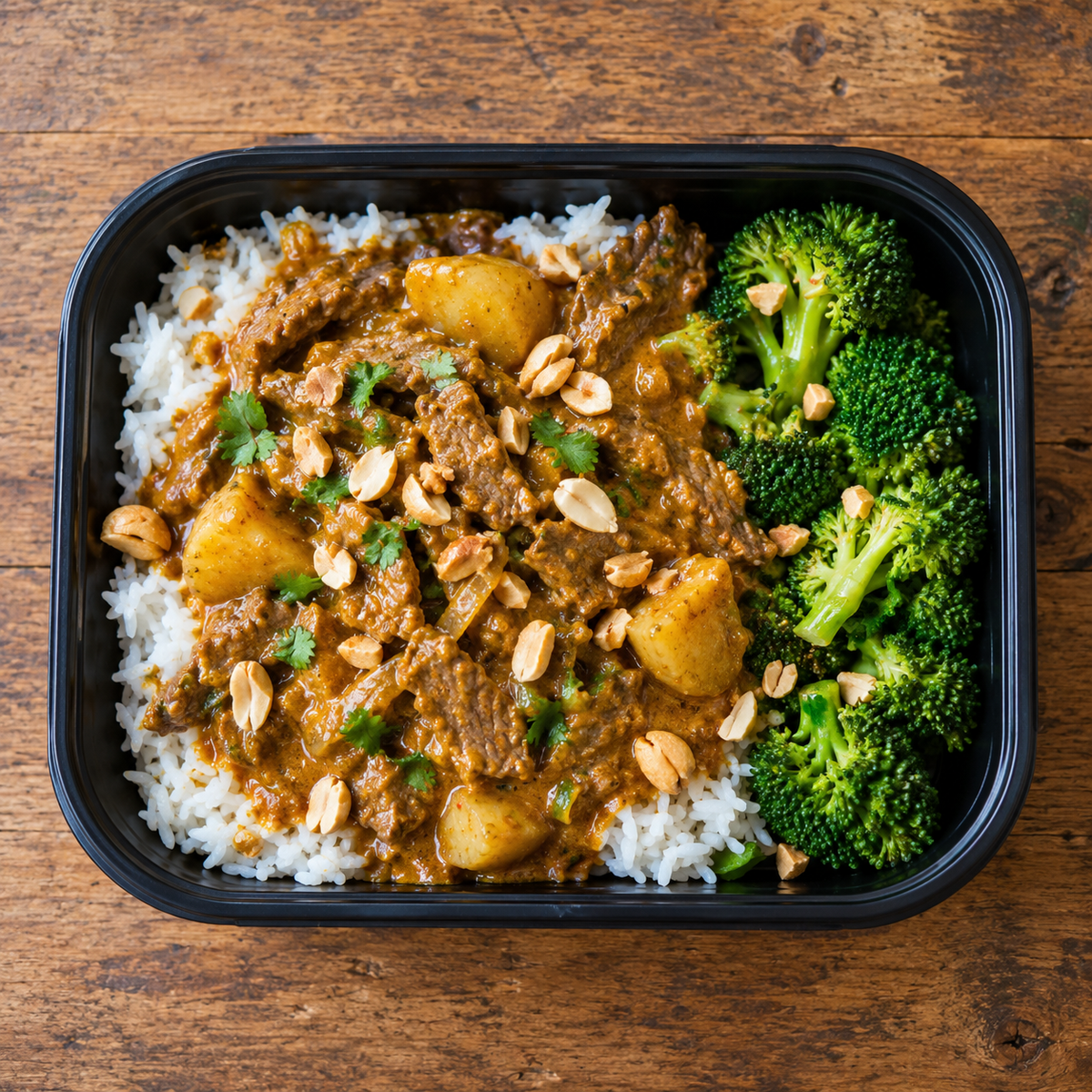 Massaman beef with jasmine rice and steamed broccoli.