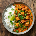 Thai red curry with tofu, green beans and jasmine rice.