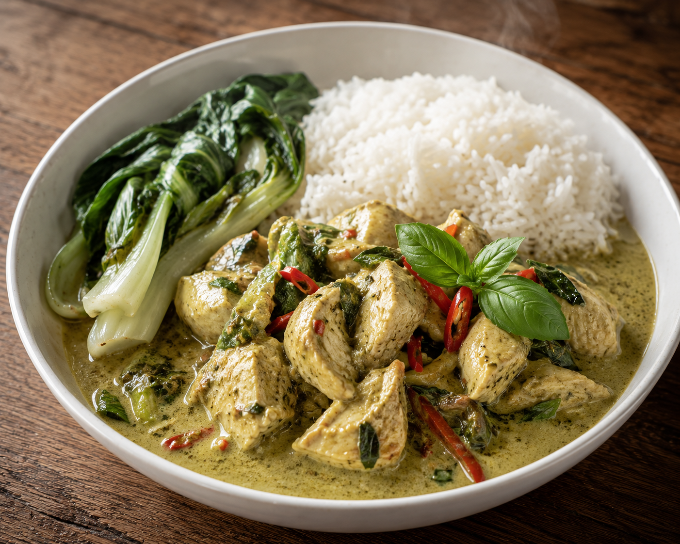 Thai Green Curry Chicken with Steamed Jasmine Rice & Wilted Greens