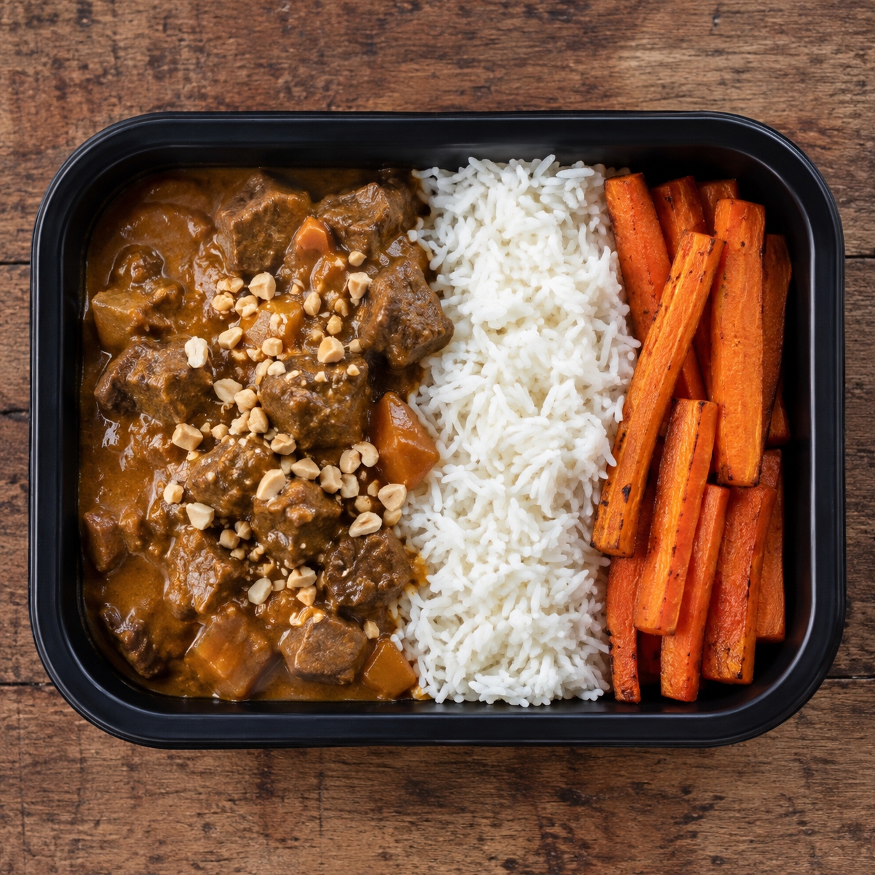 Beef massaman curry with jasmine rice and roasted carrots.
