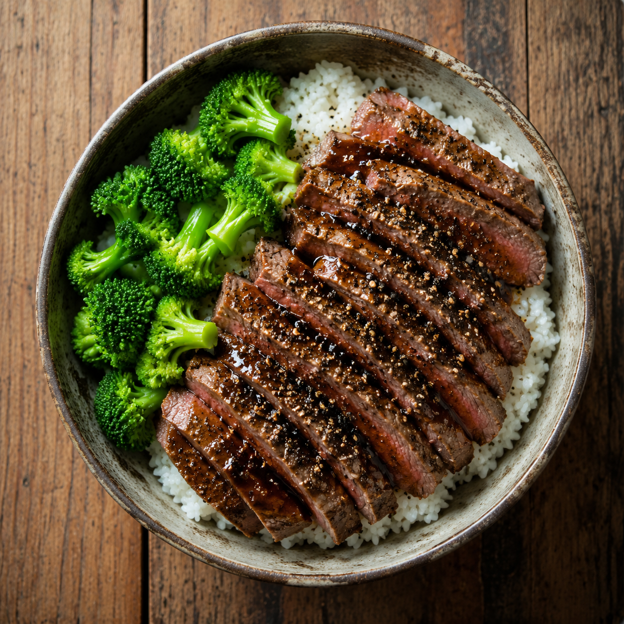Peppercorn beef with steamed broccoli & rice.