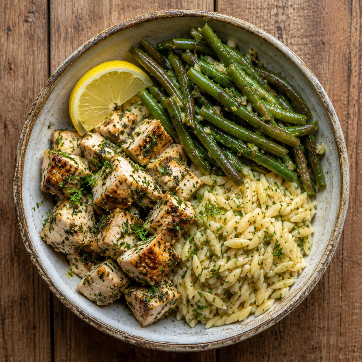 Lemon & herb chicken with braised green beans & orzo.