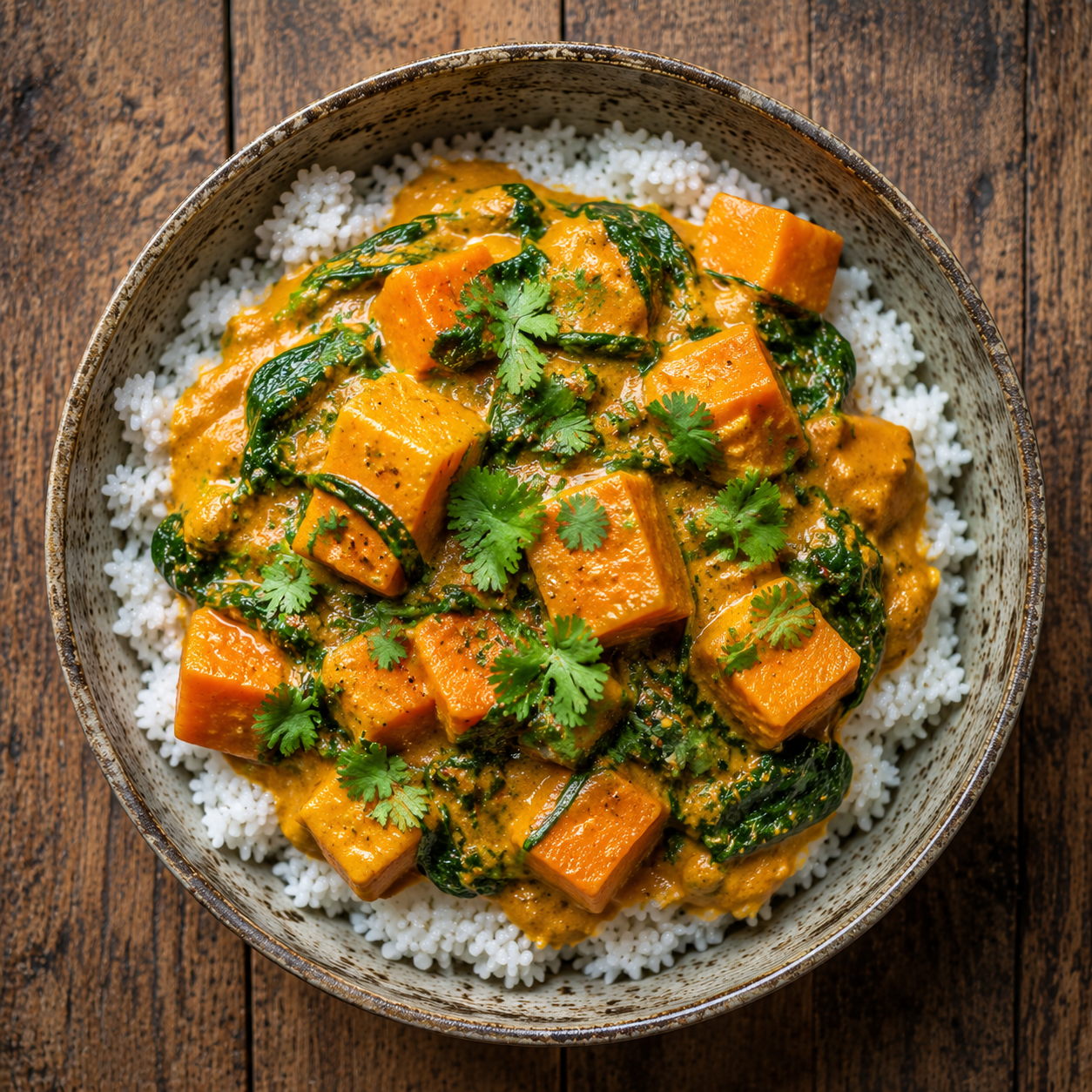 Sweet potato & spinach curry with steamed rice.