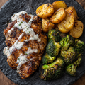 Jerk chicken with lemon pepper roast potatoes and roasted broccoli.