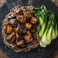 Miso glazed eggplant with soba noodles and bok choy.