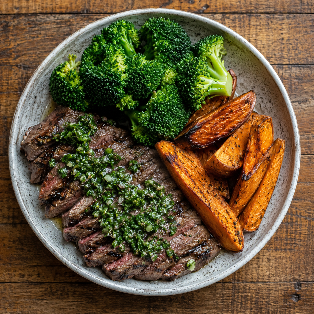 Chimichurri beef with roasted kumara and broccoli.