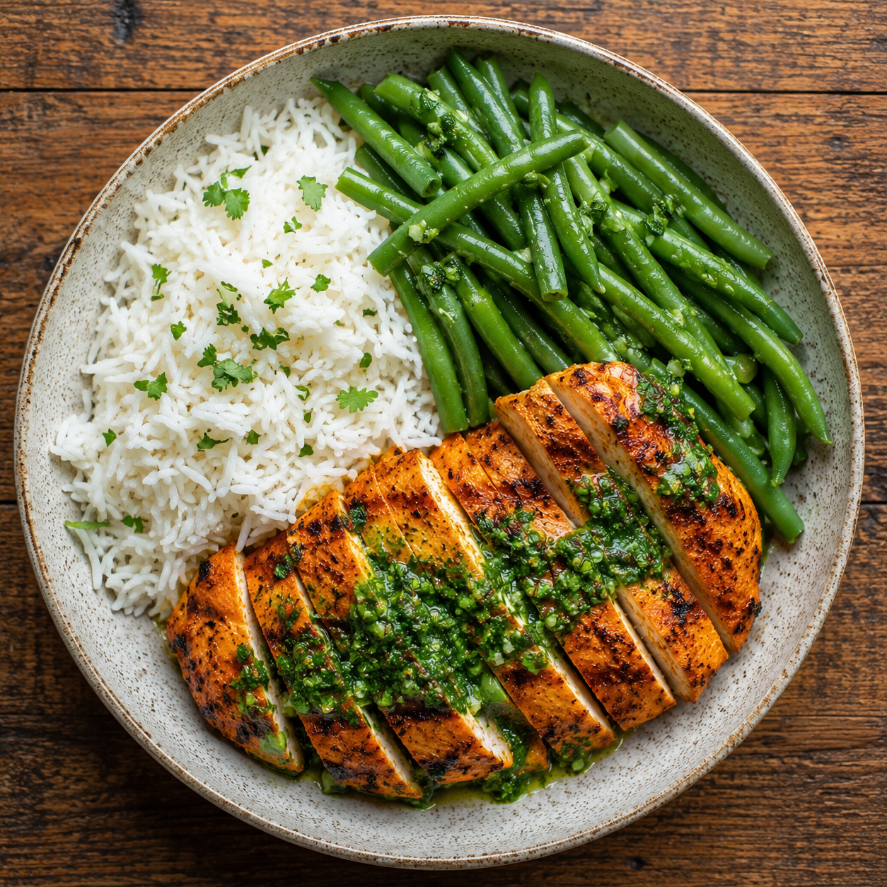 Tandoori chicken with coriander-lime dressing, basmati rice and green beans.