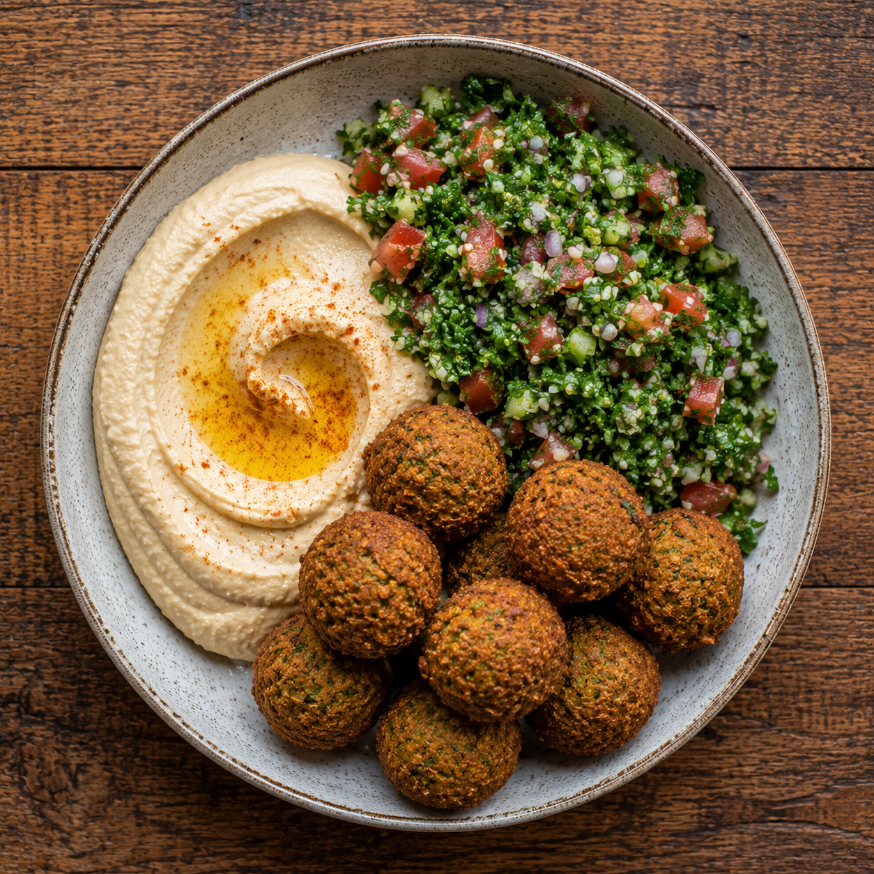 Falafel with tabbouleh and hummus.