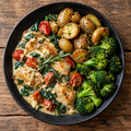 Tuscan chicken with garlic & rosemary baby potatoes & broccoli.