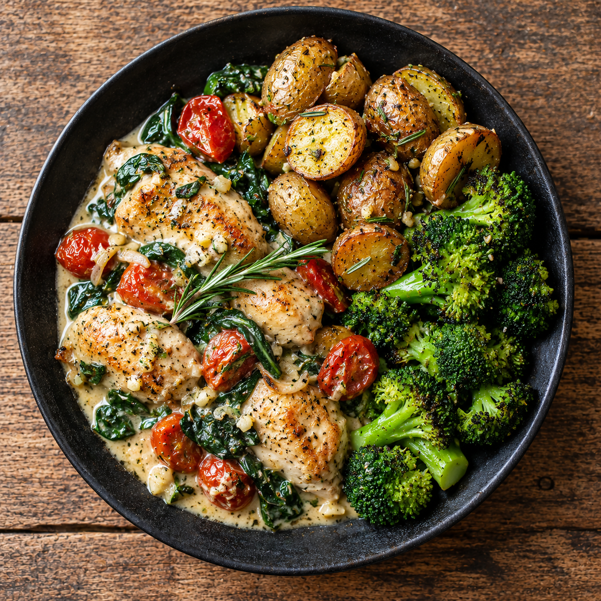 Tuscan chicken with garlic & rosemary baby potatoes & broccoli.