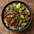 Chipotle beef barbacoa with cilantro-lime rice & chargrilled zucchini and red onion.