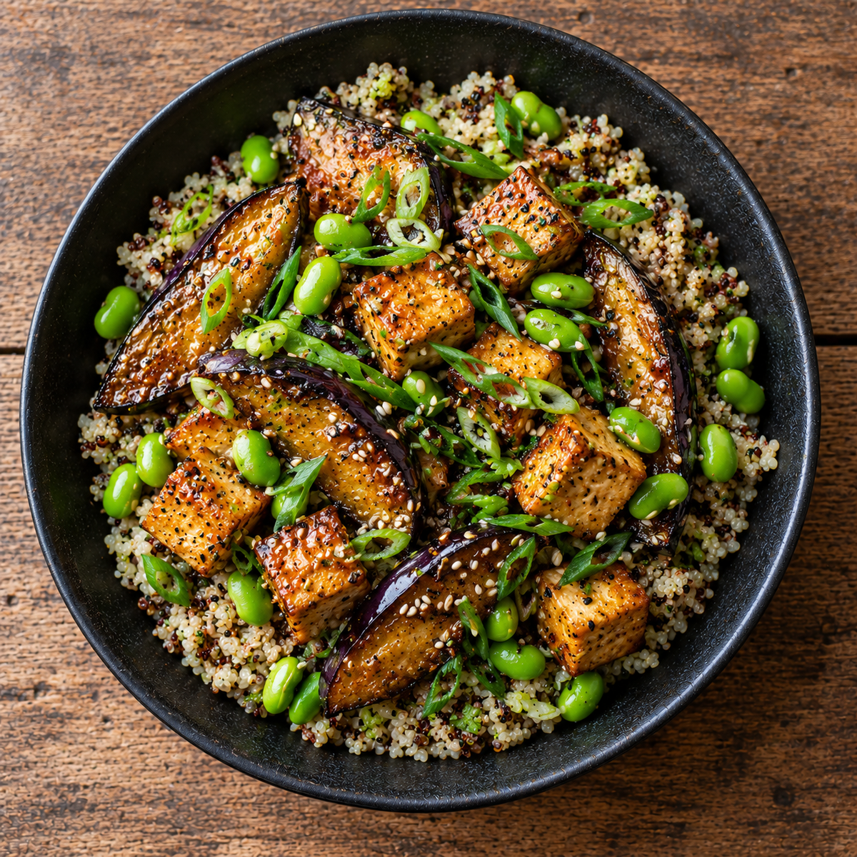 Miso-glazed eggplant & crispy tofu with sesame quinoa & edamame.