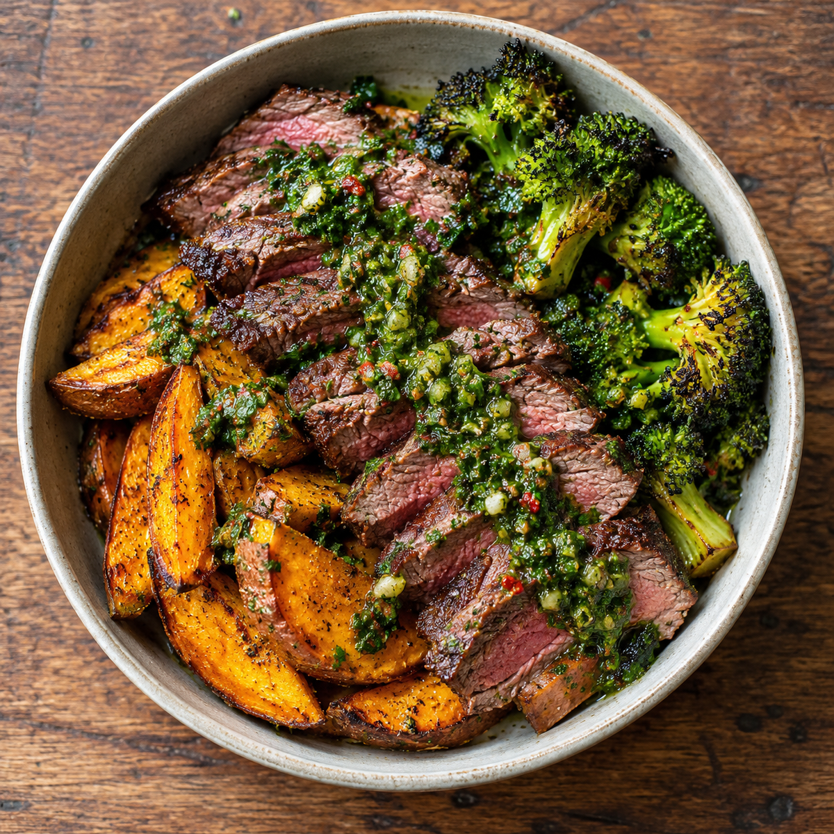 Chimichurri beef with roasted kūmara and charred broccoli.
