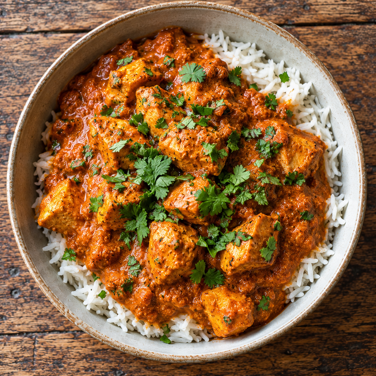 Dairy-free butter chicken with basmati rice.