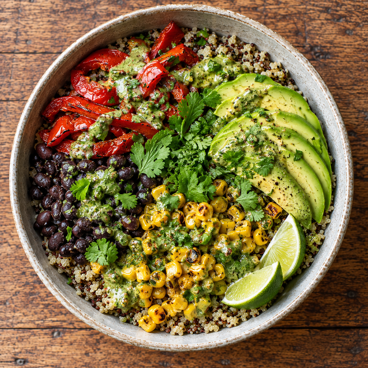 Black bean and roast capsicum quinoa bowl with avocado.