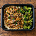 Beef stroganoff with cannellini bean mash and garlic broccoli.