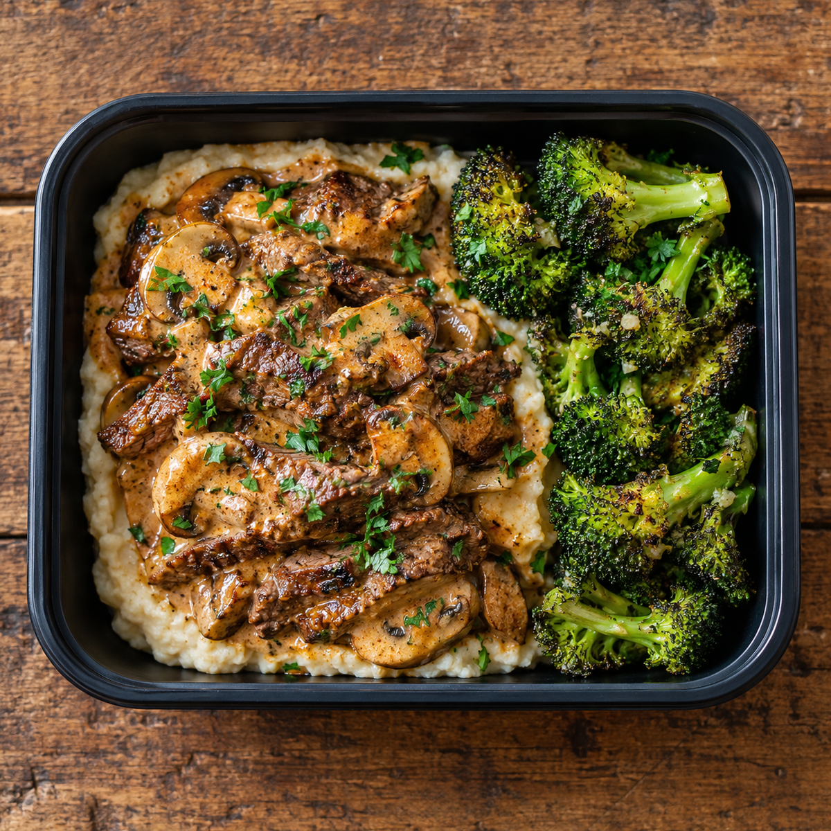 Beef stroganoff with cannellini bean mash and garlic broccoli.