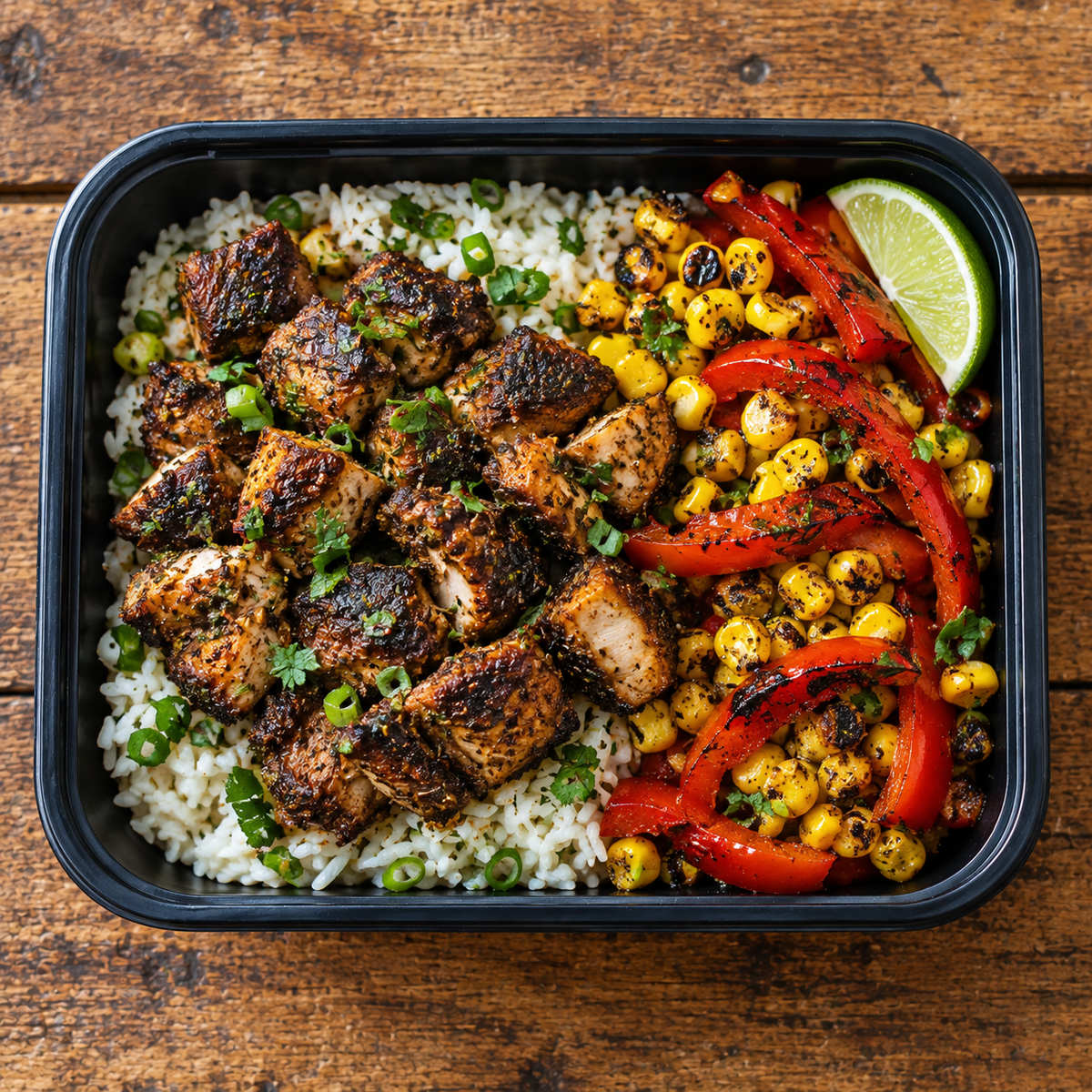 Jerk chicken with charred corn, capsicum and rice.