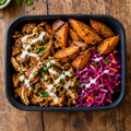 Chicken shawarma with roasted kumara & pickled cabbage slaw.
