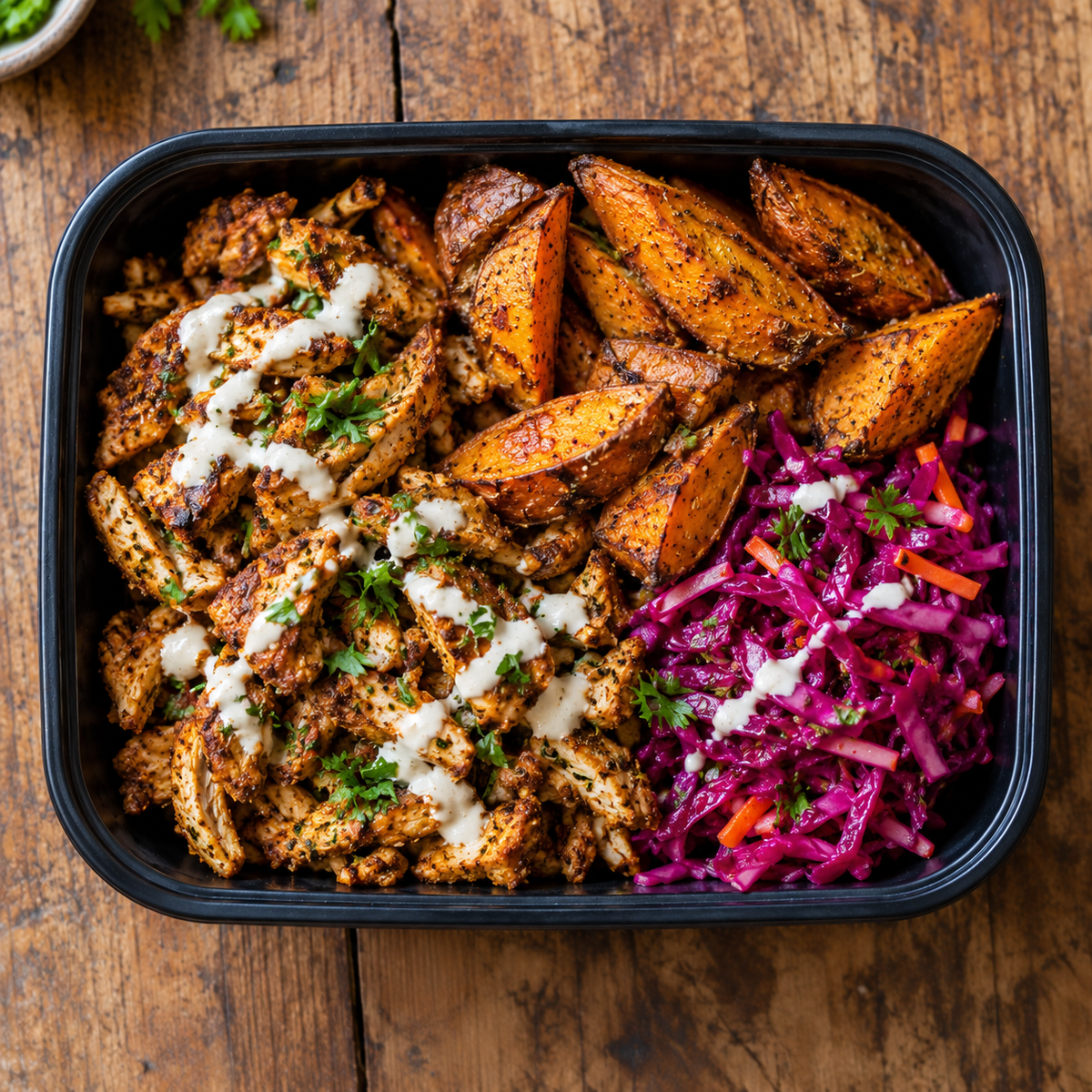 Chicken shawarma with roasted kumara & pickled cabbage slaw.