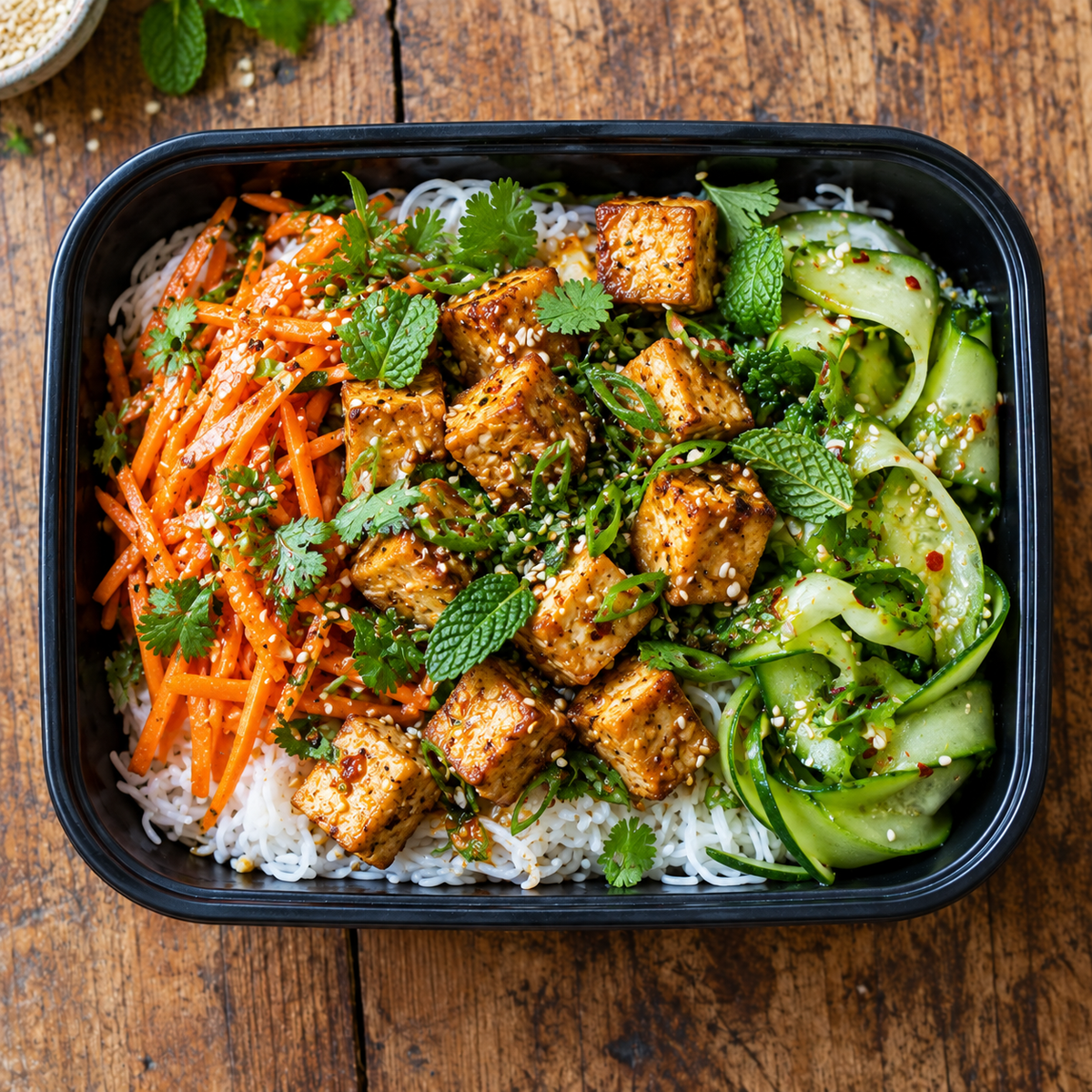 Pan-fried tofu rice noodle bowl with nuoc cham.