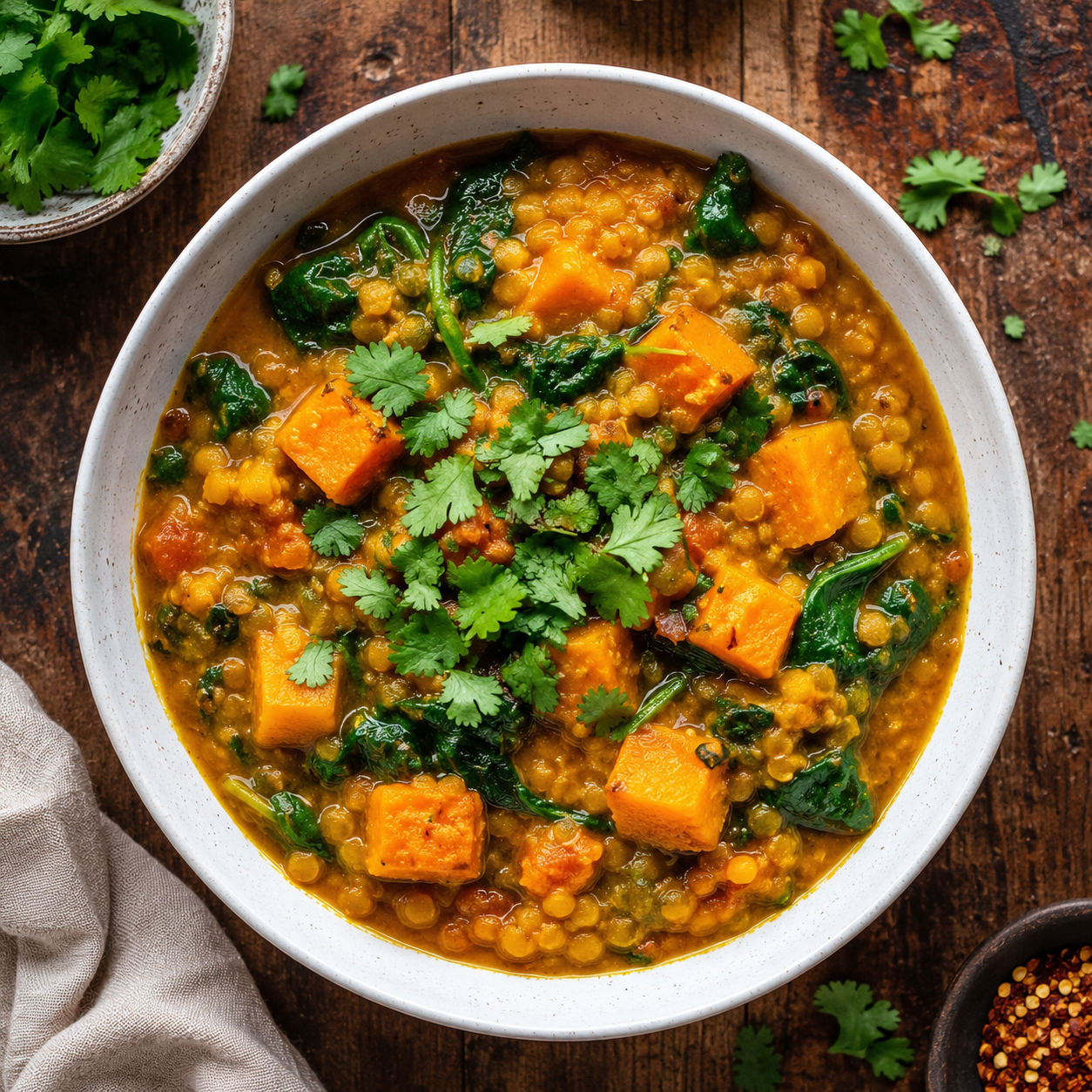 Roasted Pumpkin & Lentil Dal, with wilted spinach.