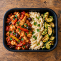 Chicken cacciatore with cannellini bean mash and roasted zucchini.