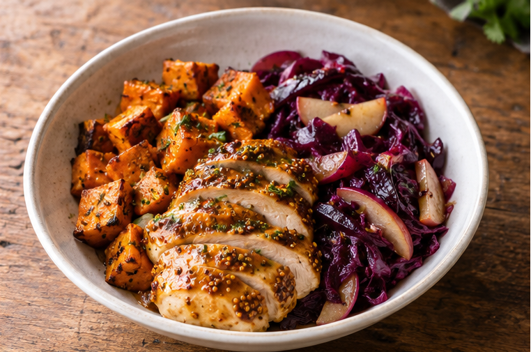 Maple-mustard chicken with roasted kumara & braised red cabbage and apple.