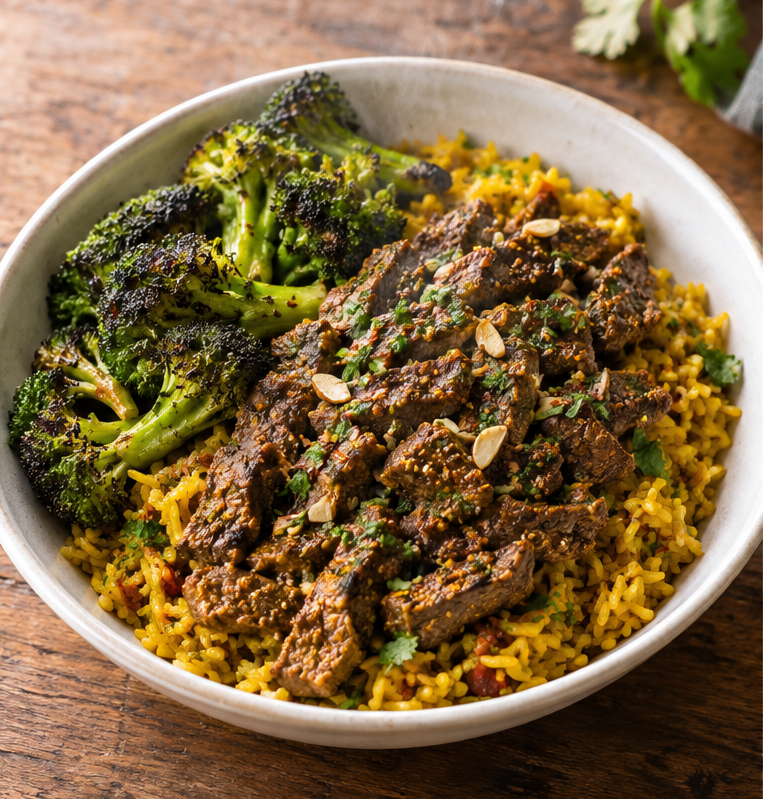Moroccan-spiced beef with turmeric rice & charred broccoli.