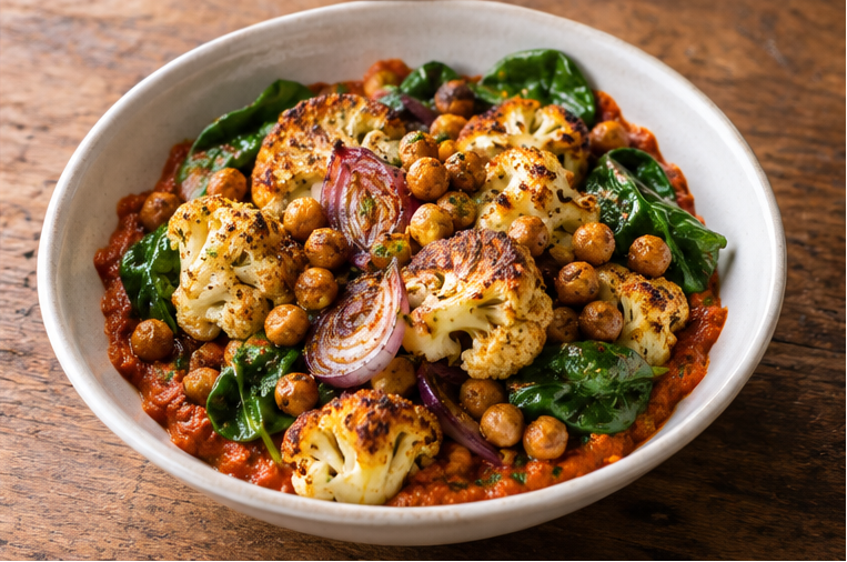 Romesco-roasted cauliflower with roasted red onion, chickpeas & spinach.