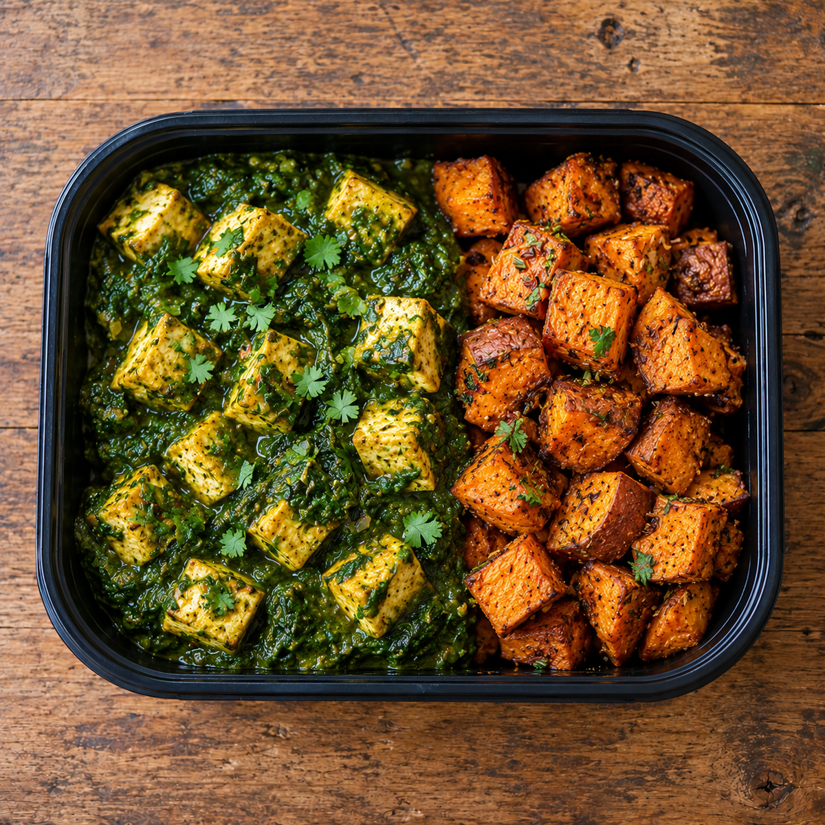 Palak tofu with cumin-roasted sweet potato.