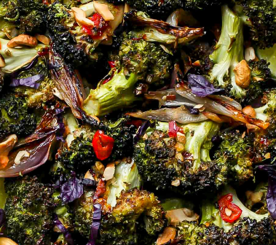 Roasted broccoli with garlic chilli and lime