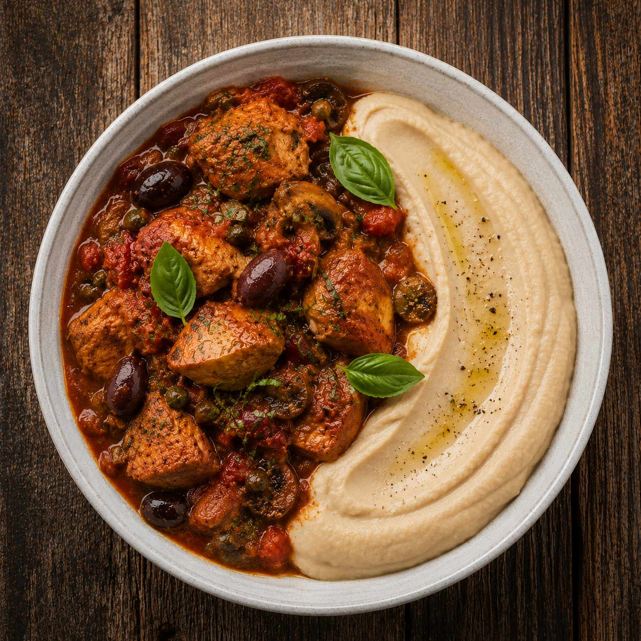 Chicken Cacciatore with creamy cannellini bean mash.