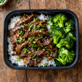 Mongolian-style beef with jasmine rice & broccoli.