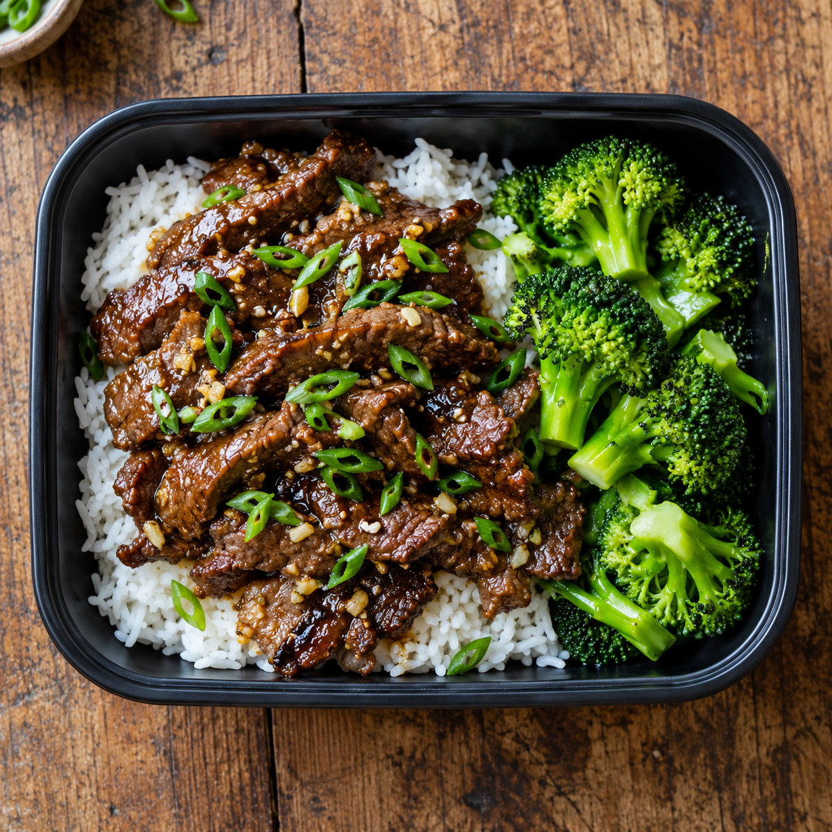 Mongolian-style beef with jasmine rice & broccoli.