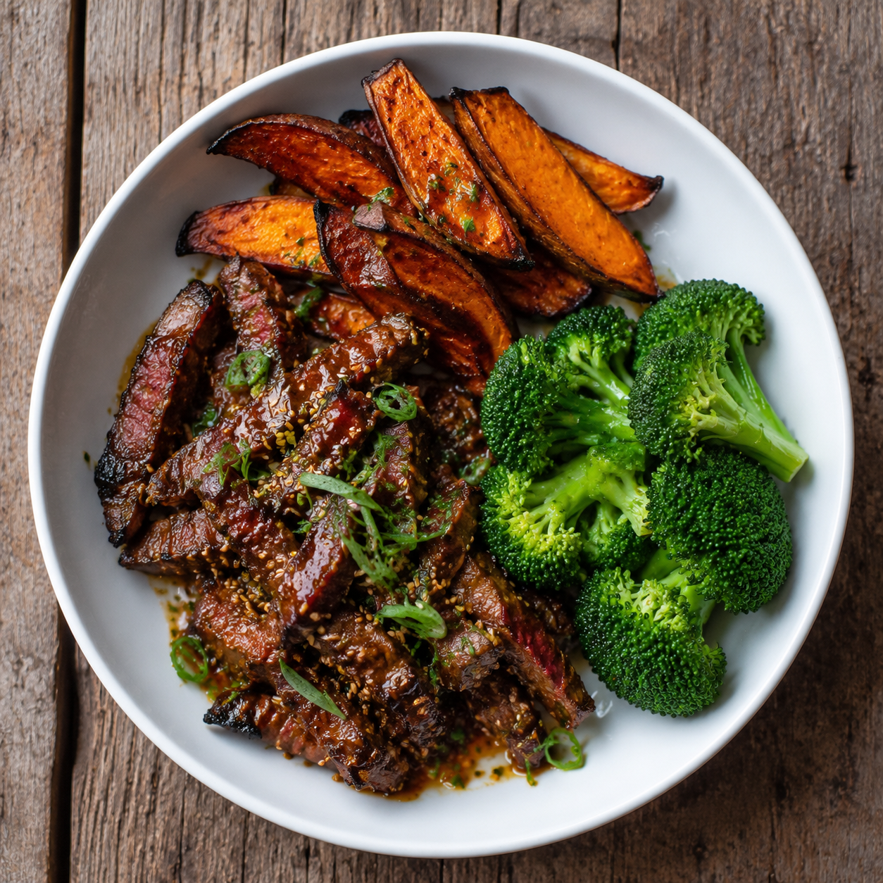 Sticky Ginger & Orange Beef, with roasted kumara & steamed broccoli.
