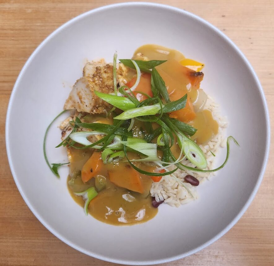 Japanese chicken katsu with roasted carrots, capsicum and onion.