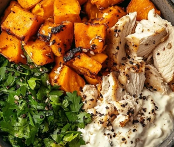 Chicken, baked veges, and tangy hummus