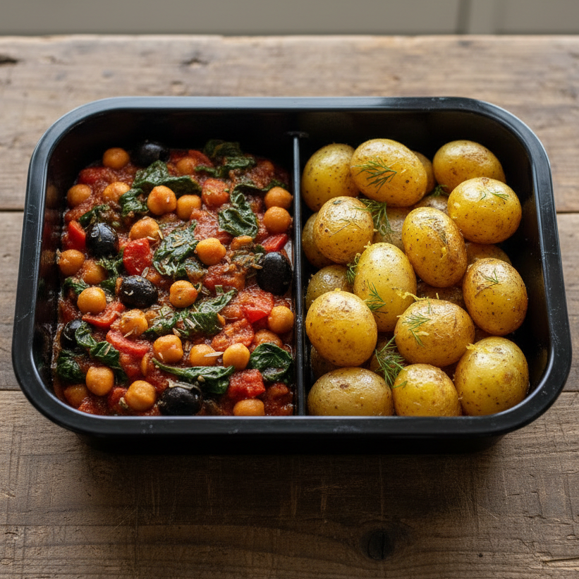 Greek chickpea and spinach stew with lemon-oregano potatoes.