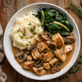 Mushroom & White Wine Chicken, with creamy mashed potato & silverbeet.