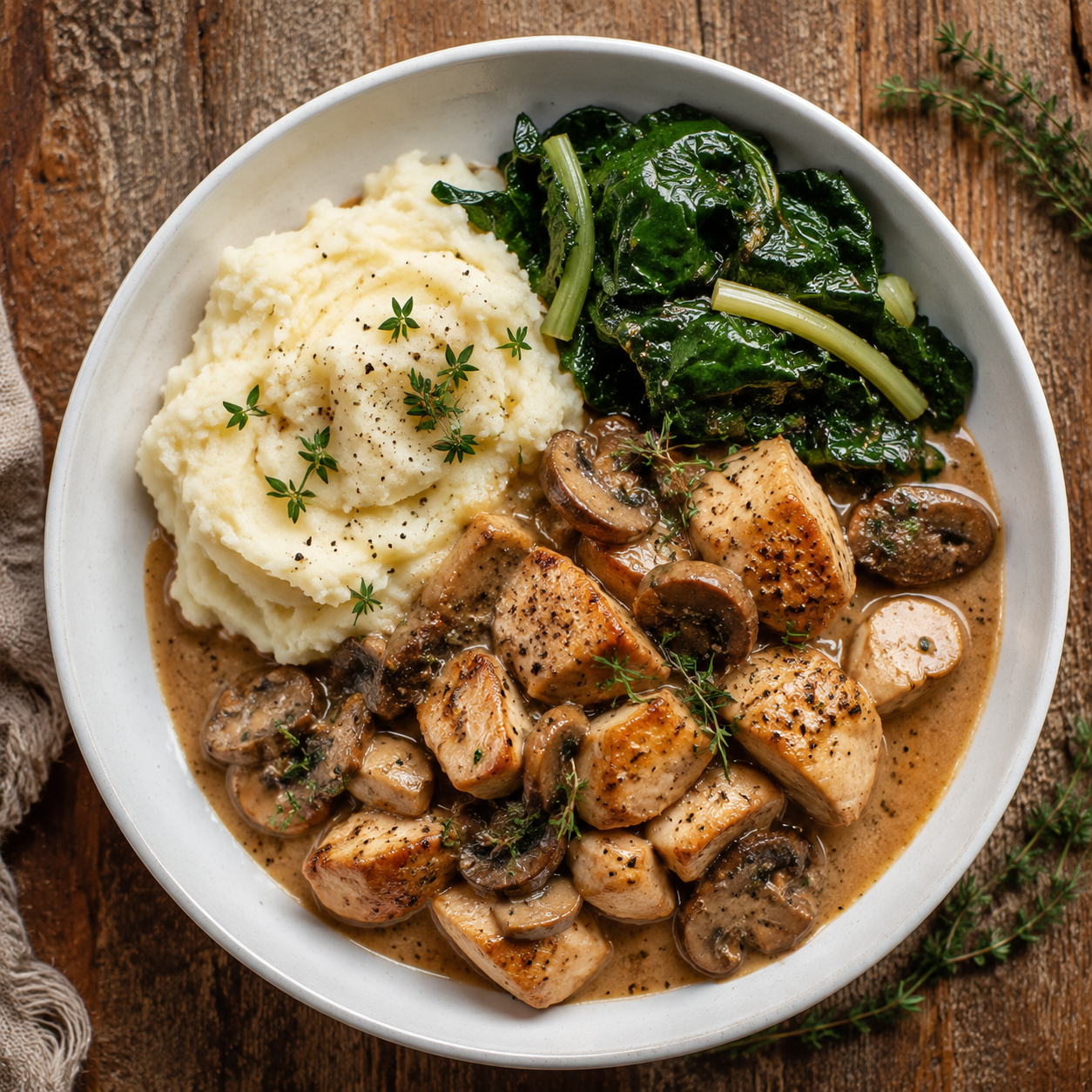 Mushroom & White Wine Chicken, with creamy mashed potato & silverbeet.